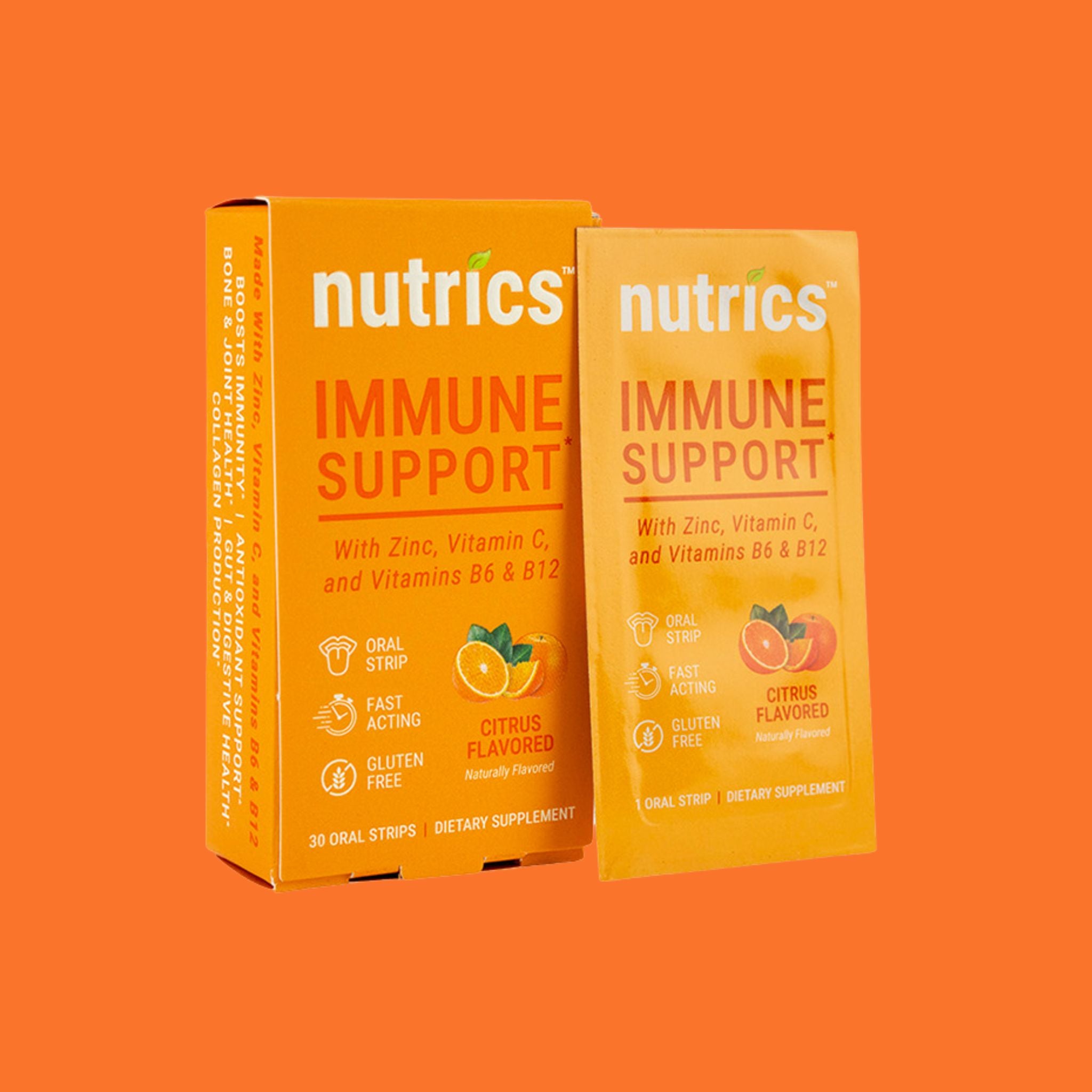Nutrics immune support product packaging on an orange background