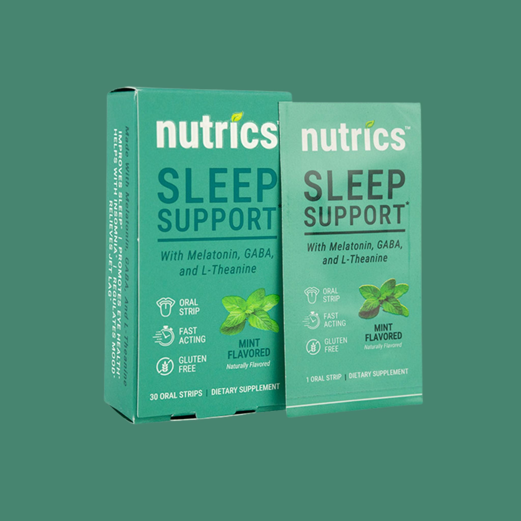 Two boxes of Nutrics Sleep Support on a green background